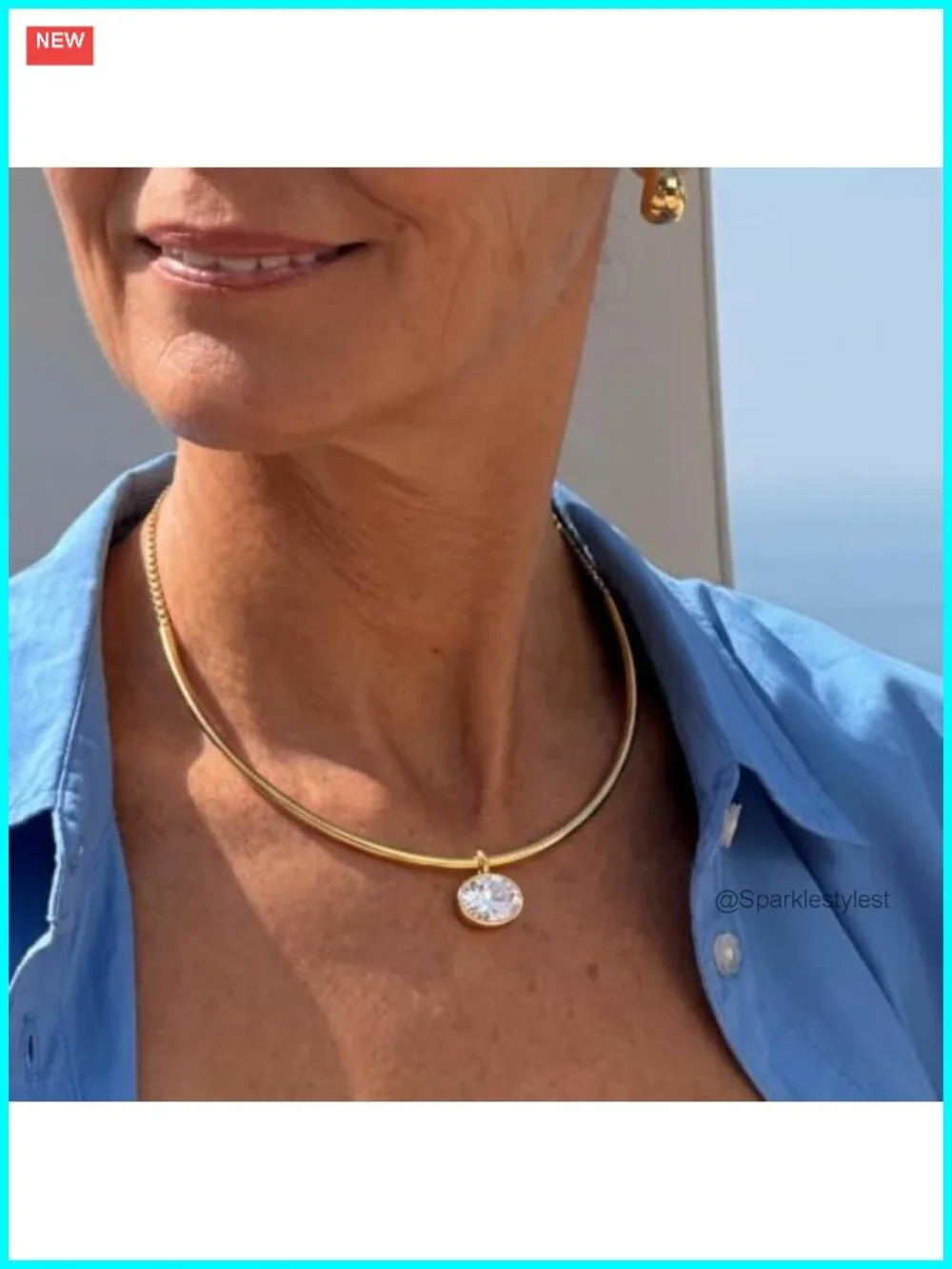 14K Gold Plated Brass Choker Necklace Cubic Zircon Bezel Pendant Minimalist